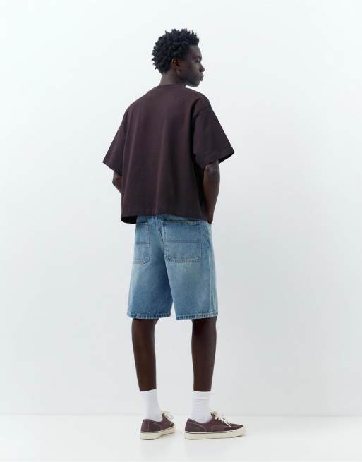 Pull&Bear Baggy relaxed fit denim bermuda shorts in greenish blue, 4 of 4