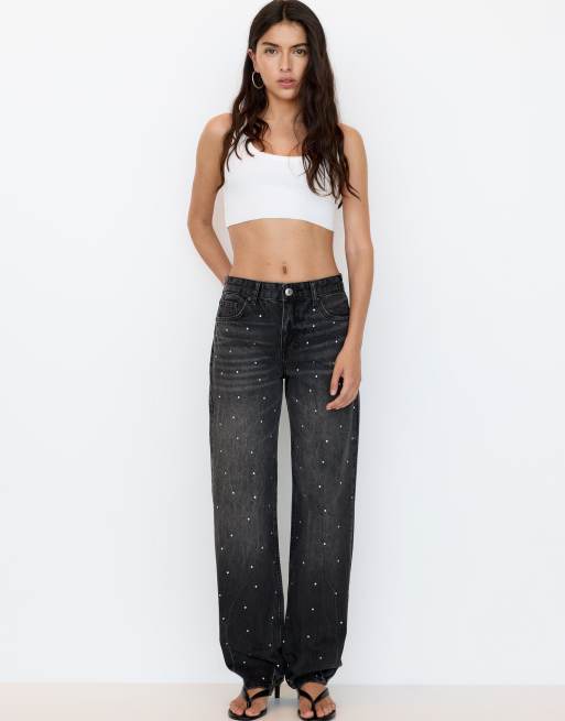 Pull&Bear - Baggy sorte jeans med rhinsten