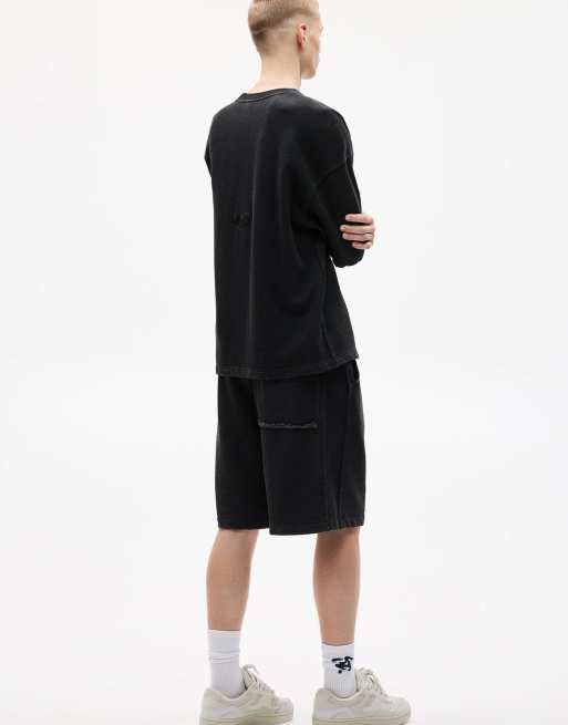 Pull&Bear baggy washed jersey shorts in black