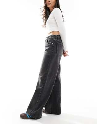 Pull & Bear Baggy Wide Leg Jeans With Elastic Waist In Gray