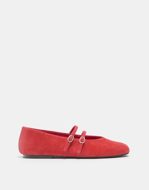 Pull&Bear – Ballerinas aus Leder in Rot mit Riemen - view 1