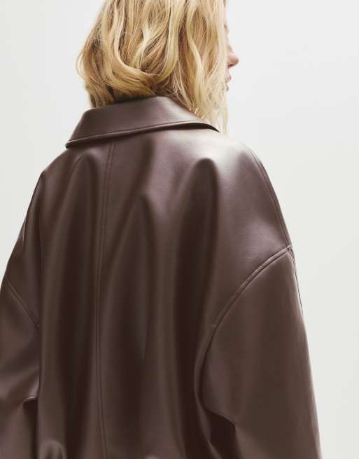 Pull&Bear - Ballon-bomberjack met leereffect in chocoladebruin, 3 van 4