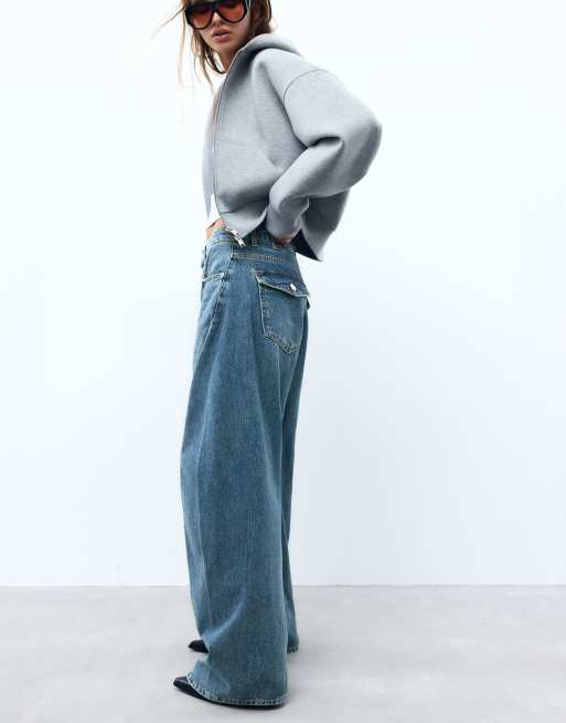 Pull&Bear Balloon baggy jeans med sømme i mørkeblå, 2 af 7