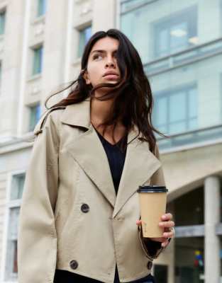Pull & Bear Balloon-fit Short Trench Coat In Neutral