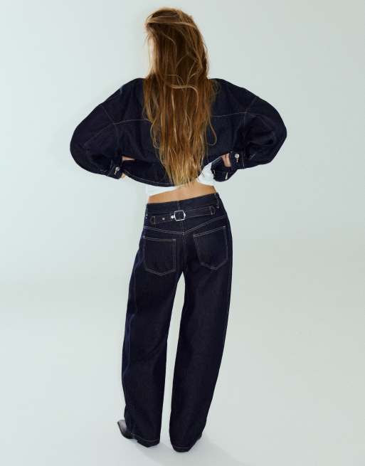 Pull&Bear Balloon jeans med bälteshällor i marinblå, 4 av 7