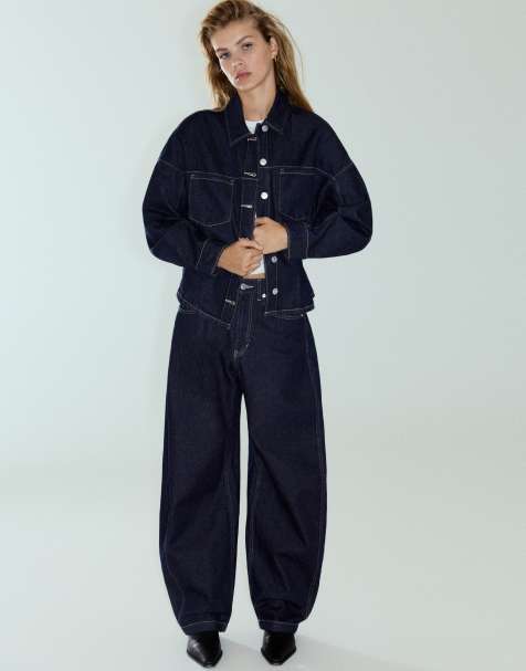 Pull&Bear Balloon jeans med bæltestropper i marineblå - view 1