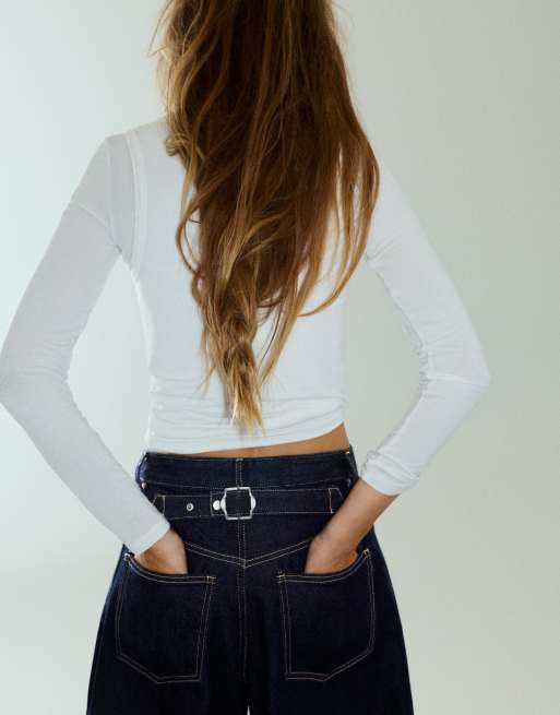 Pull&Bear Balloon jeans with belt loops in navy, 5 of 7