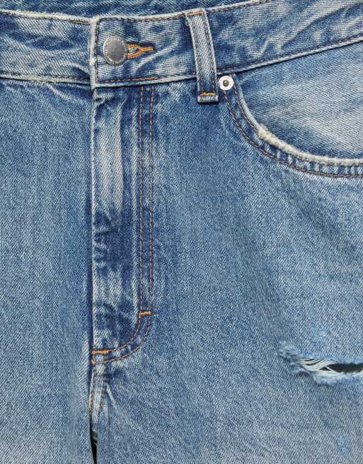 Pull&Bear Balloon  jeans with ripped details and adjustable tab in medium blue, 6 of 7