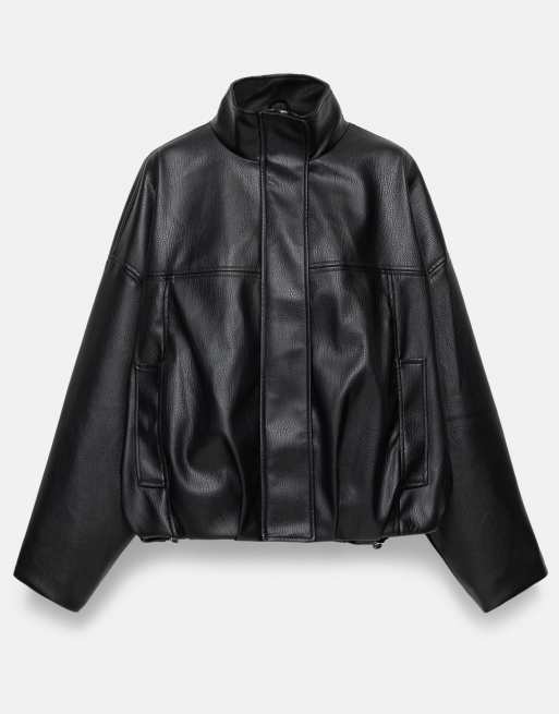 Pull&Bear balloonjakke i læderlook med ståkrave i sort, 7 af 7