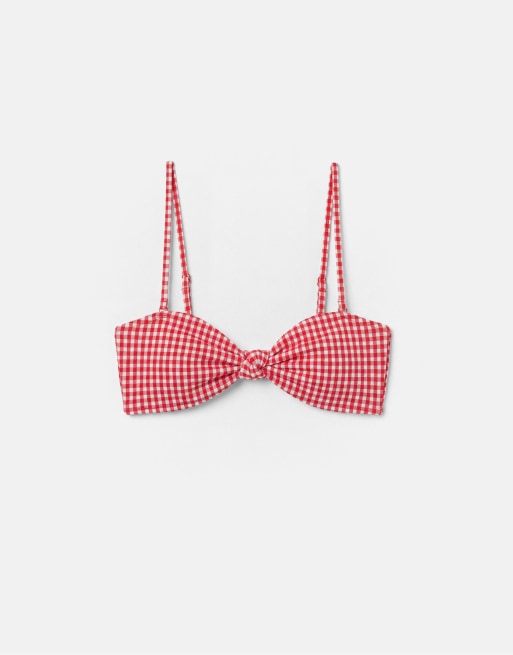 Pull&Bear - Bandeau-bikinitop med rødt gingham-tern, 4 af 4
