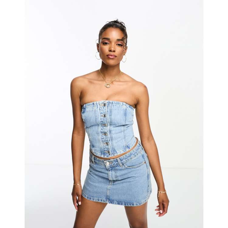 Pull&Bear bandeau denim corset co-ord in medium blue