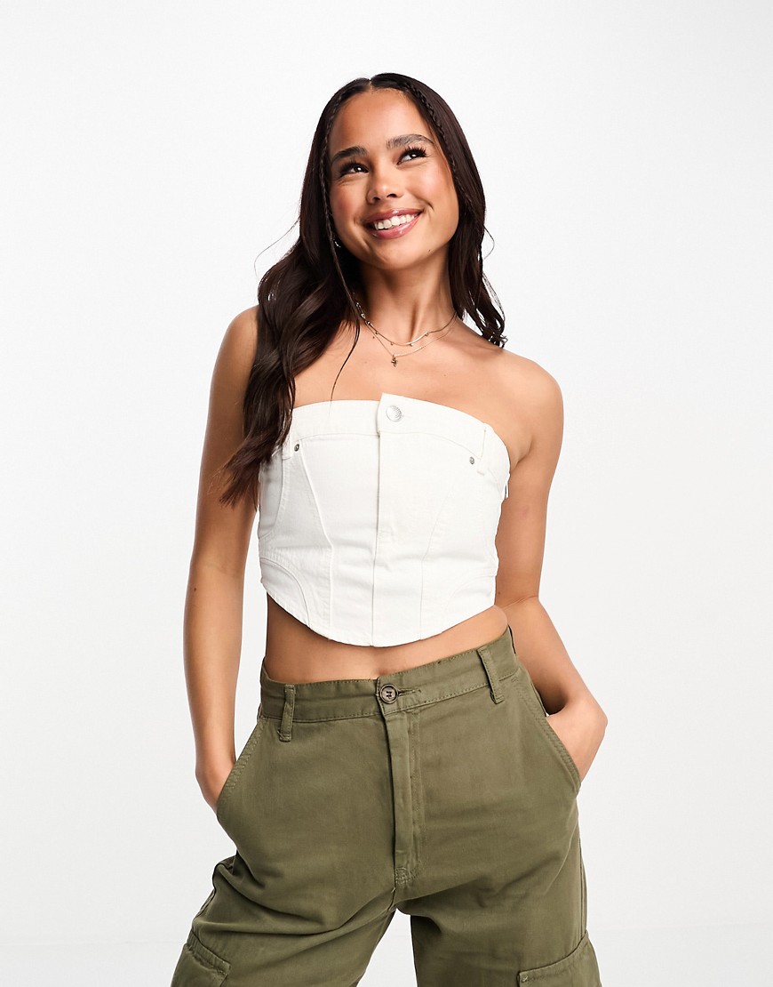 Pull & Bear Bandeau Denim Corset In White - Part Of A Set