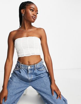 Pull&Bear bandeau seam detail corset cropped top in white | ASOS