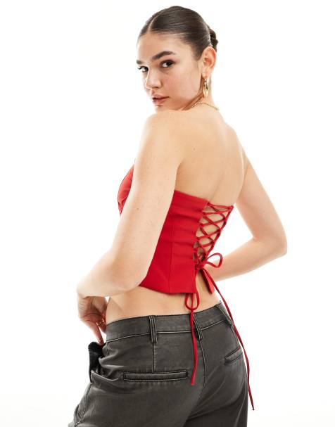 Pull&Bear bandeau top with lace up back in red - view 1