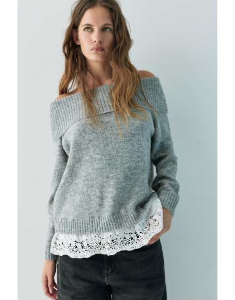 Pull&Bear Bardot jumper with combined lace in grey marl - view 1