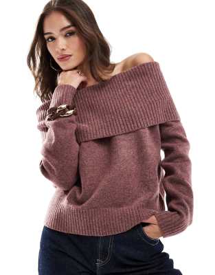 Pull&Bear Pull&Bear bardot knitted jumper in burgundy-Red