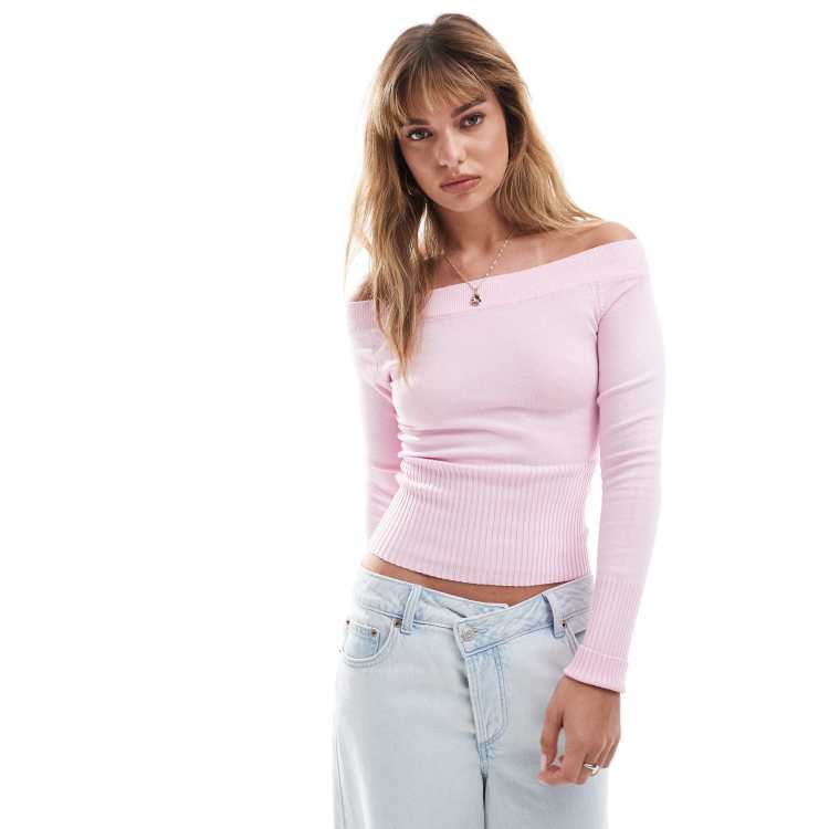 Pull&Bear bardot ribbed knitted jumper in pink ASOS