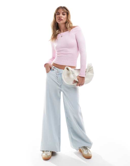 Pull&Bear bardot ribbed knitted jumper in pink ASOS