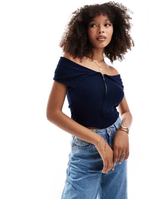 Pull&Bear - Bardot top met rits in marineblauw