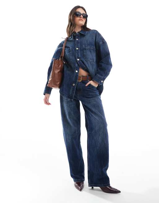 Pull&Bear barrel leg jean with ombre thread detail in dark blue - part of a set