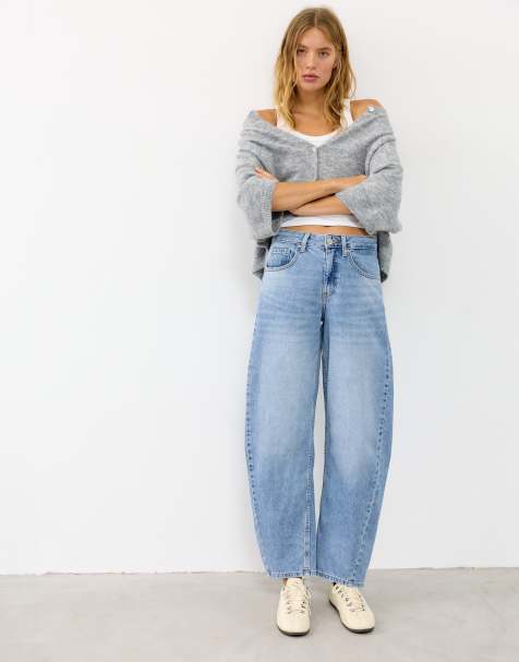 Pull&Bear – Barrel-Leg-Jeans in Mittelblau mit niedrigem Bund - view 1