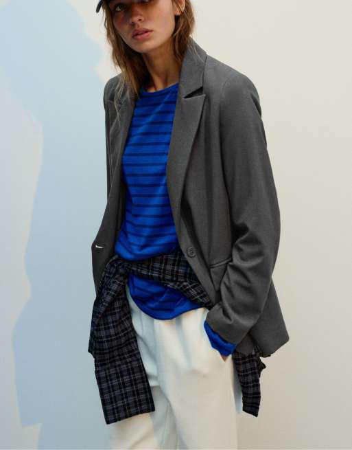 Pull&Bear basic blazer in grijs gemêleerd, 3 van 7
