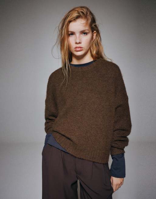 Pull&Bear basic gebreide trui in bruin met wol, 3 van 7