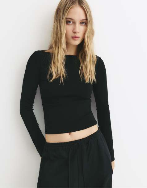 Pull&Bear - Basic geribbeld T-shirt in zwart - view 1