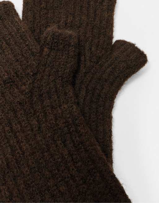 Pull&Bear basic guanti in maglia marroni, 2 di 3