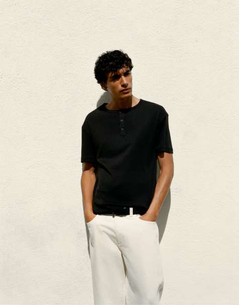 Pull&Bear Basic henley t-shirt in black