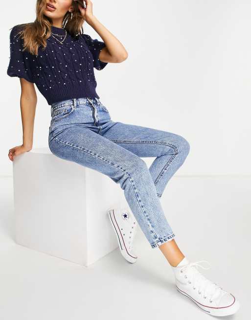 Pull&Bear petite high waisted mom jean in medium blue