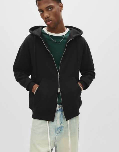 Pull&Bear Basic hoodie with zipper in black - view 1
