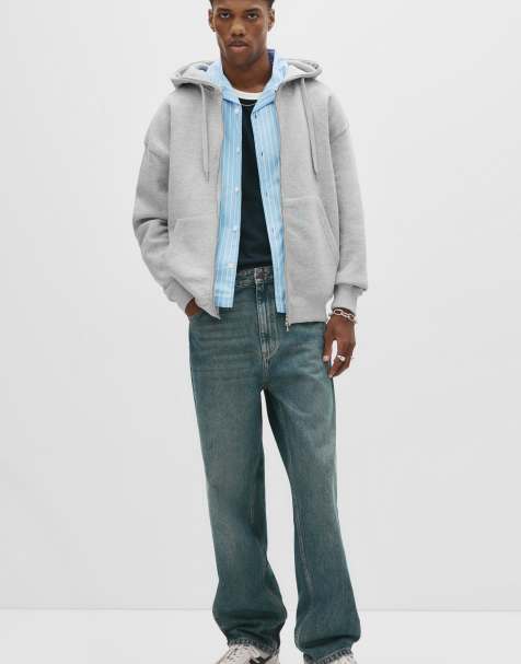 Pull&Bear Basic hoodie with zipper in grey marl - view 1