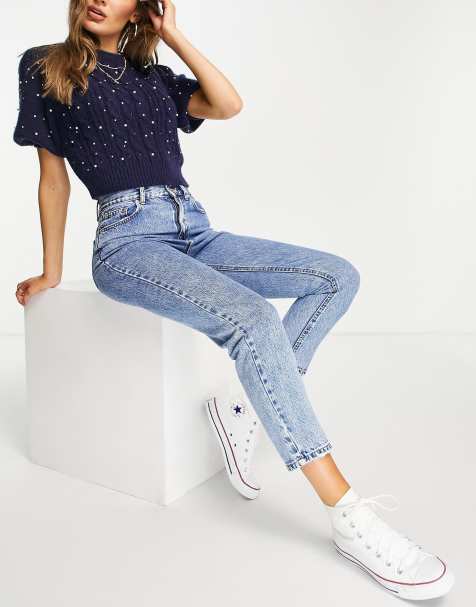 Pull&Bear – Basic – Mellanblå mom jeans med hög midja - view 1