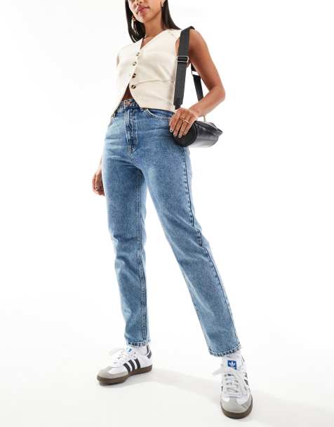 Pull&Bear – Basic – Mellanblå mom jeans med hög midja - view 1