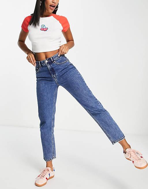 Pull&Bear - Basic mom jeans met hoge taille in donkerblauw