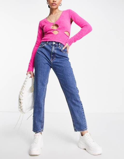Pull&Bear – Basic – Mörkblå mom jeans med hög midja