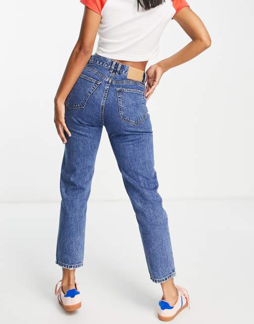Pull&Bear – Basic – Mörkblå mom jeans med hög midja, 3 av 4