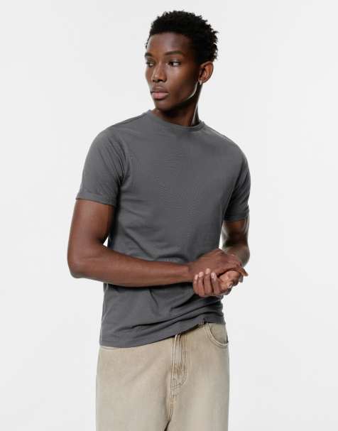 Pull&Bear Basic muscle fit t-shirt in medium grey - view 1