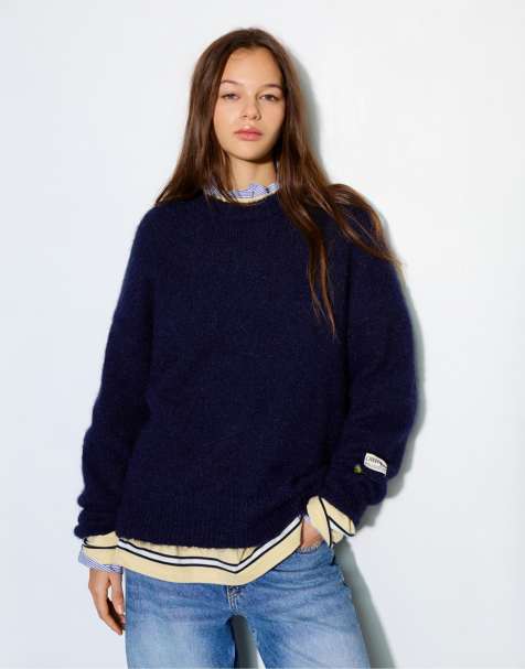 Pull&Bear Basic round neck jumper in navy with wool - view 1