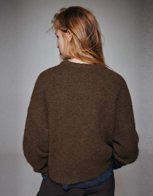 Pull&Bear basic stickad tröja i brunt med ull, 2 av 7