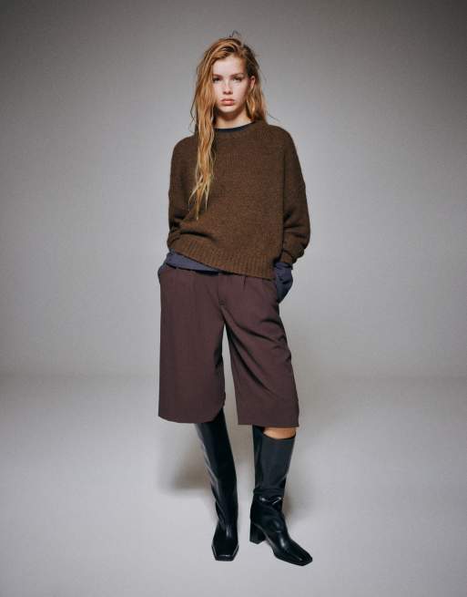 Pull&Bear basic stickad tröja i brunt med ull, 4 av 7