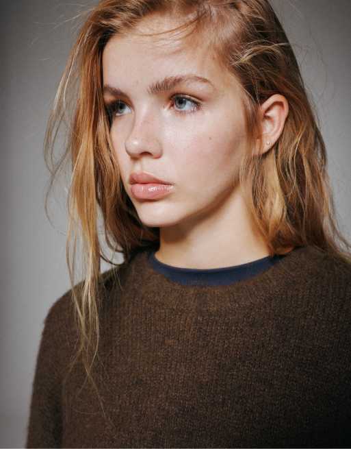 Pull&Bear basic stickad tröja i brunt med ull, 5 av 7