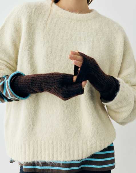 Pull&Bear Basic-Strick-Fäustlinge in Braun mit Wolle - view 1