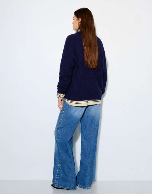 Pull&Bear Basic striktrøje med rund hals i navy med uld, 2 af 4
