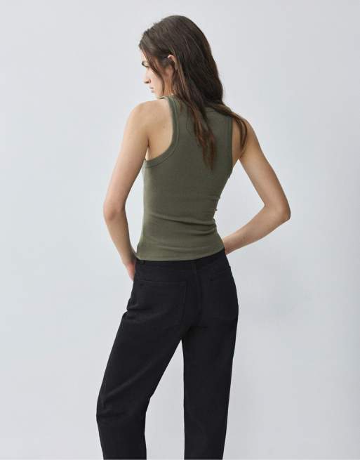 Pull&Bear Basic tanktop i khaki, 2 af 7