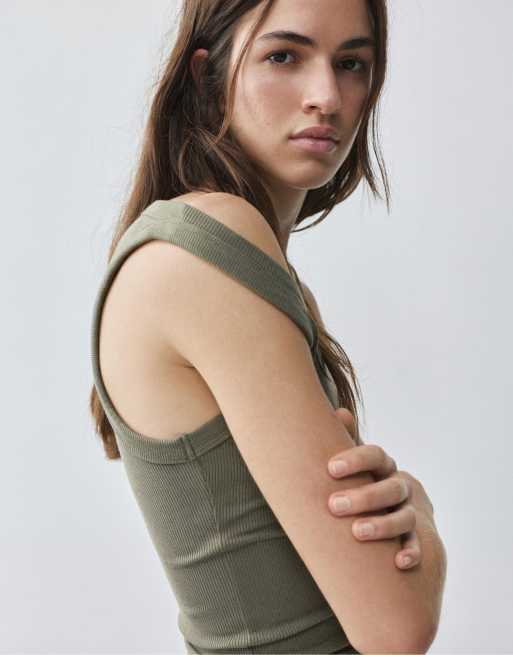 Pull&Bear Basic tanktop i khaki, 3 af 7