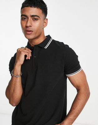 Pull&Bear basic tipped polo shirt in black
