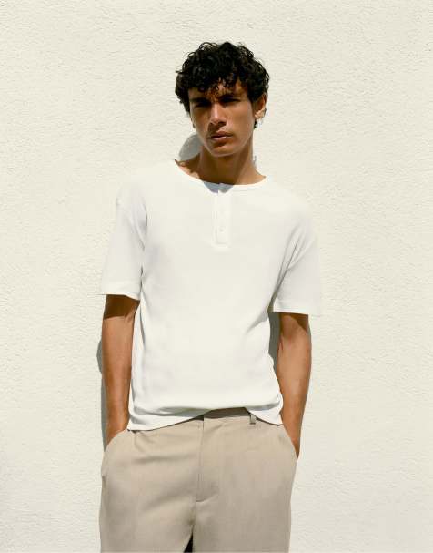 Pull&Bear – Basic – Vit t-shirt i henleystil - view 1