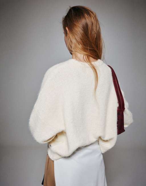 Pull&Bear basis gebreide trui in beige van wol, 2 van 7